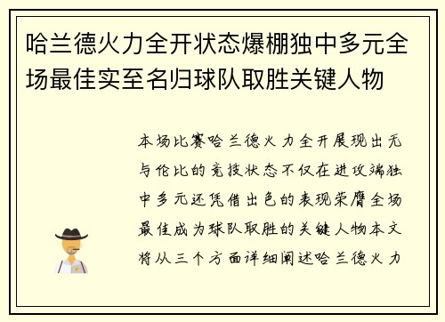 哈兰德火力全开状态爆棚独中多元全场最佳实至名归球队取胜关键人物